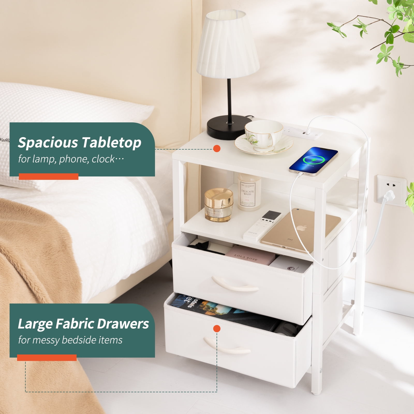 Nightstand with Charging Station, Small Night Stand Fabric Drawers and Storage Shelf for Bedrooms, Nightstands Spaces, Bedside Table USB Ports & Outlets, White