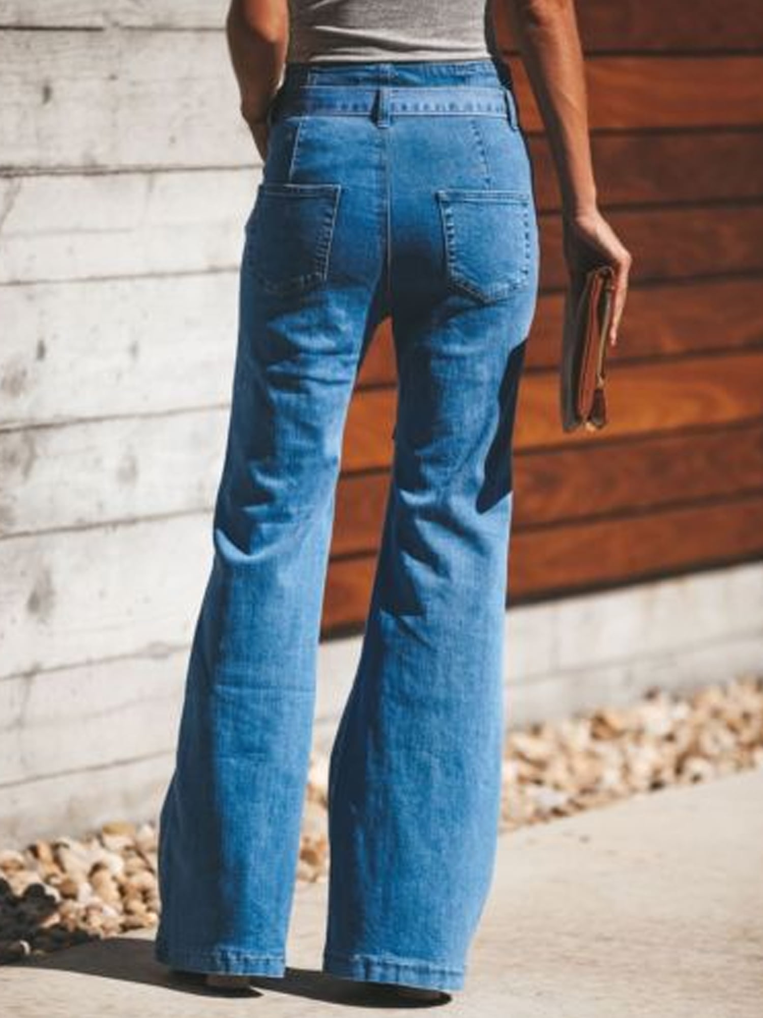 Ladies Blue Denim Trousers Long Solid Color High-Waisted Wide-Leg Flared  Pants Jeans Daily Jeans with Detachable Belt