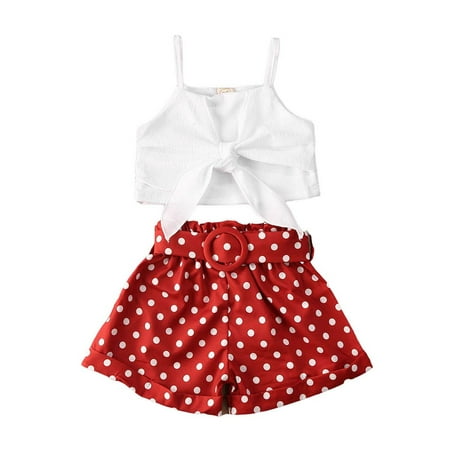 

Actoyo Toddler Baby Girl Summer Outfits Strap Bowknot Crop Tops + Polka Dot Short Pants Outfits 1-6Years