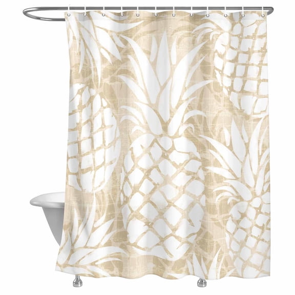 Grey Beige Pineapple Shower Curtain, Summer Country Vintage Tropical Botanical Fruits Lightweight Waterproof Fabric Shower Curtain with Rustproof Grommets for Bathroom Bathtub 72x84in