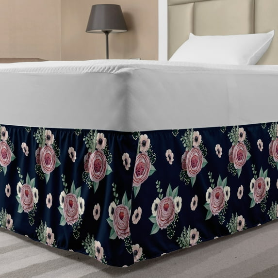 Vintage Rose Bed Skirt, Continuous Simplistic Meadow Flowers Arrangement Pattern, Elastic Bedskirt Dust Ruffle Wrap Around for Bedding Decor, 4 Sizes, Violet Blue Pink, by Ambesonne