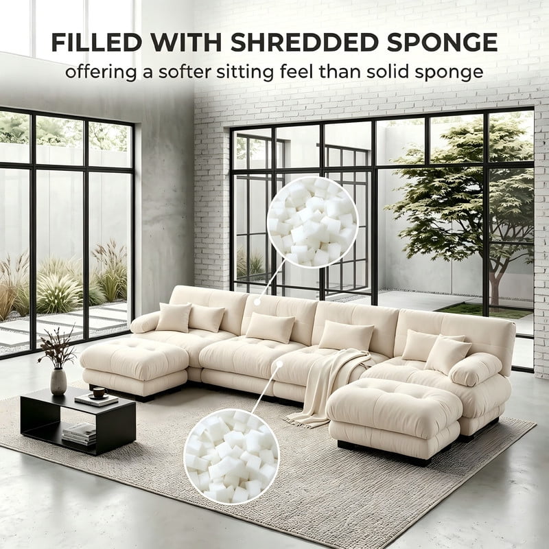 ANPPORT Cloud Couch Sleeper Sofa, Chenille Light Coffee 4-Seater Modular Sofa with 2 Ottomans, 4 Lumbar pillows,2 Pillows, Comfy Deep Seat Cloud Sofa, Convertible L-Shaped Floor Couch for Living Room