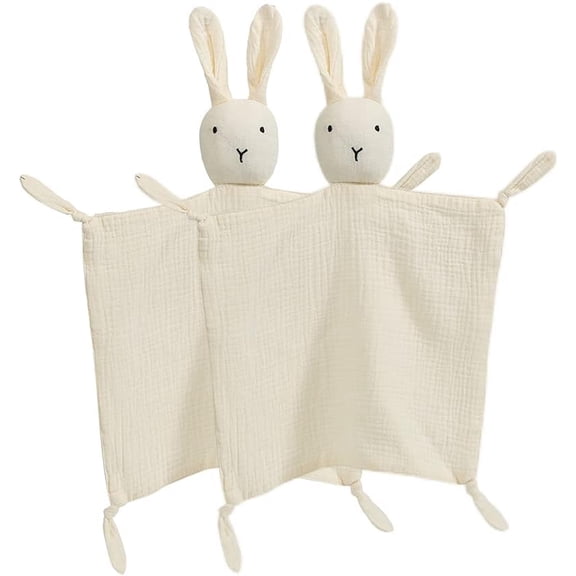 Warmself Lovey Security Blanket 100% Organic Muslin Stuffed Bunny Animal Baby Blankie-2 Pack White