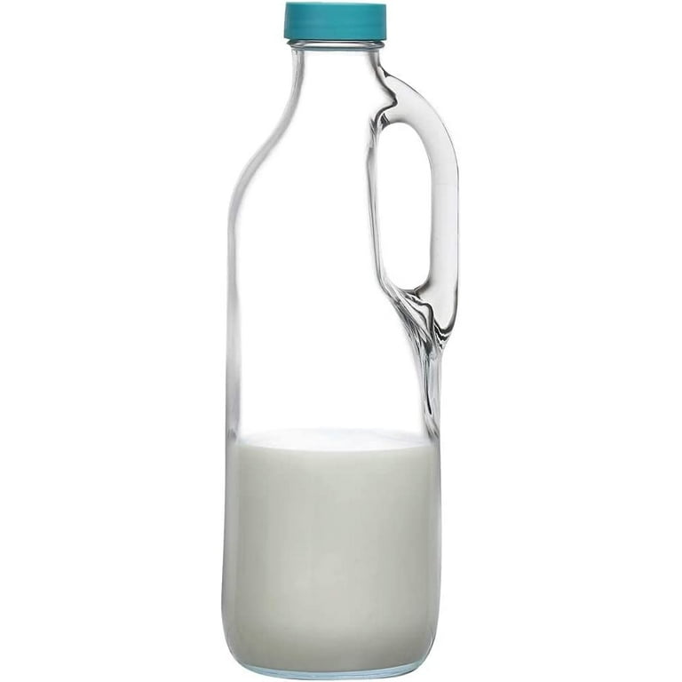 GLASS MONGER 2 pc 47oz clear glass milk bottles glass pitcher with handle  and lids - airtight milk container for refrigerator jug water ju