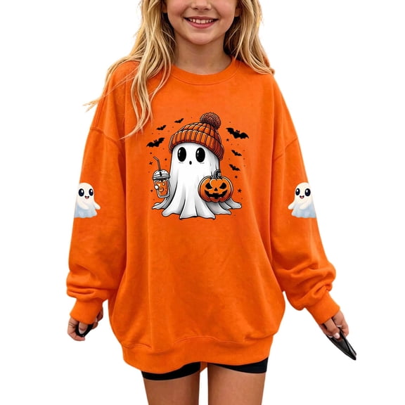 OGLCCG Halloween Sweatshirt for Girl Ghost Pumpkin Prints Cute Crewneck Long Sleeve Tops Festival Pullover Tops,Size 3
