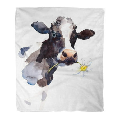 Flannel Daisies - KDAGR Throw Blanket Warm Cozy Print Flannel Watercolor Cow Daisy Flower in Its Mouth Farm Portrait Hand Comfortable Soft for Bed Sofa and Couch 50x60 Inches