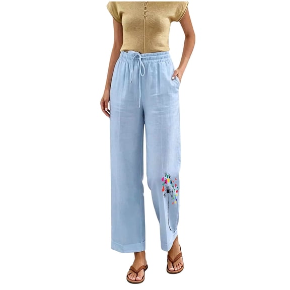 Costeam Womens Dandelion Print Linen Capri Pants Elastic Drawstring High Waist Side Pockets Cuffed Ankle Loose Fit Breathable Cropped Jogger Trousers