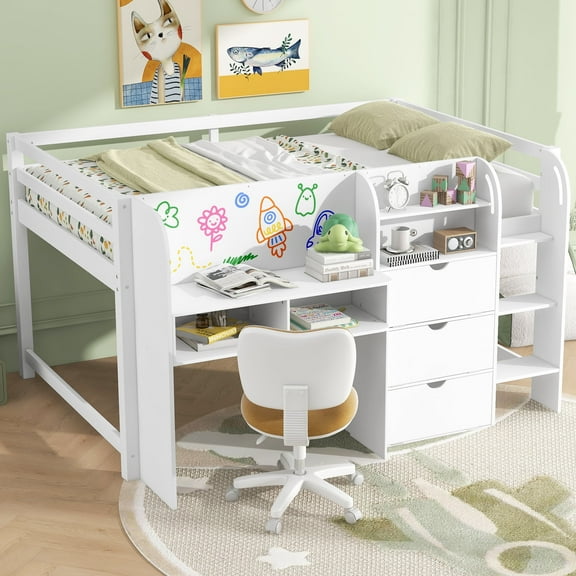 Euroco Wood Full Size Loft Bed with Desk, Drawers and Cabinets, Low Profile Bed with Cabinets and Whiteboard for Bedroom, White