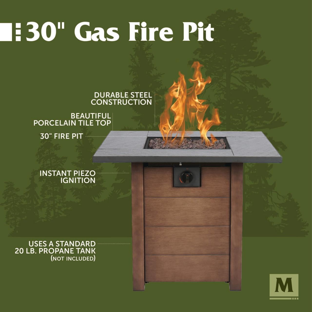 Muskoka 30" Square 50,000 BTU Propane Fire Pit Table with Lava Rock, Burner Lid and Protective Cover