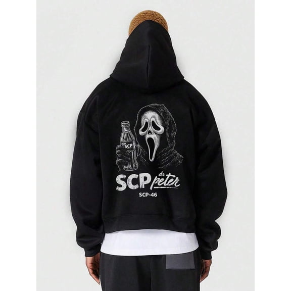 Men's Halloween Streetwear Hoodie, Vintage Scream Ghost Face & SCP-46 Bottle Graphic Back Print, Dark Aesthetic Pullover Hooded Sweatshirt