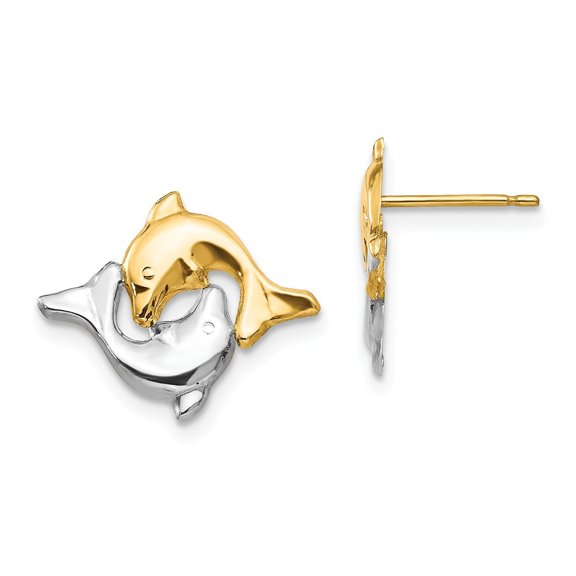 14k White Gold and Rhodium Dolphin Post Earrings - .5 Grams - Measures 15x13mm