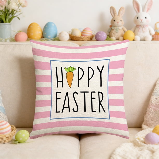 Funda de cojín de Pascua con diseño de conejo y huevo | Funda de cojín decorativa blanca de 45 x 45 cm para sofá y cama | Funda de almohada lavable de lino sintético para decoración primaveral