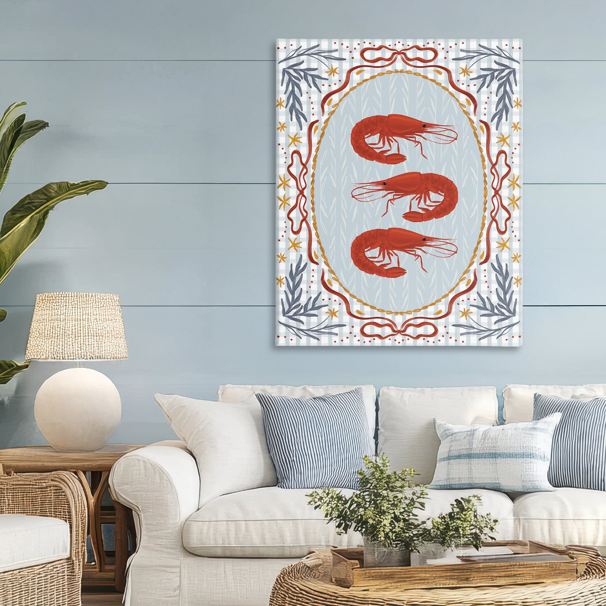 Stupell Industries Three Red Prawns on Gingham Canvas Wall Art, design by Vero Illustrates