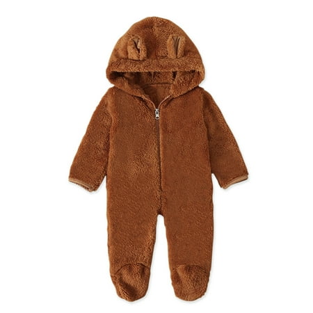 

DNDKILG Newborn Infant Baby Toddler Long Sleeve Zip Up Footies for Girl Boy Cotton Winter Warm Fleece Hooded Romper Brown 0-18M