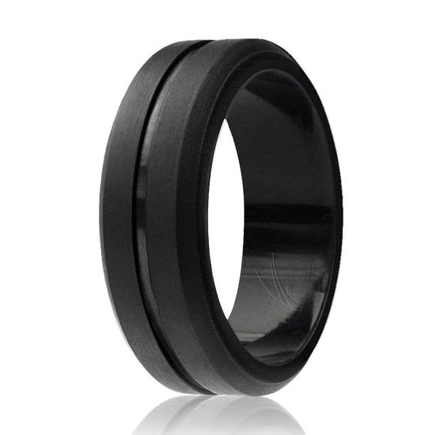 ROQ Anillo de boda de goma de silicona para hombre, ajuste cómodo, alianza de boda para hombre, banda de compromiso de goma transpirable, 0.315 in de ancho, 0.079 in de grosor, línea media grabada, in