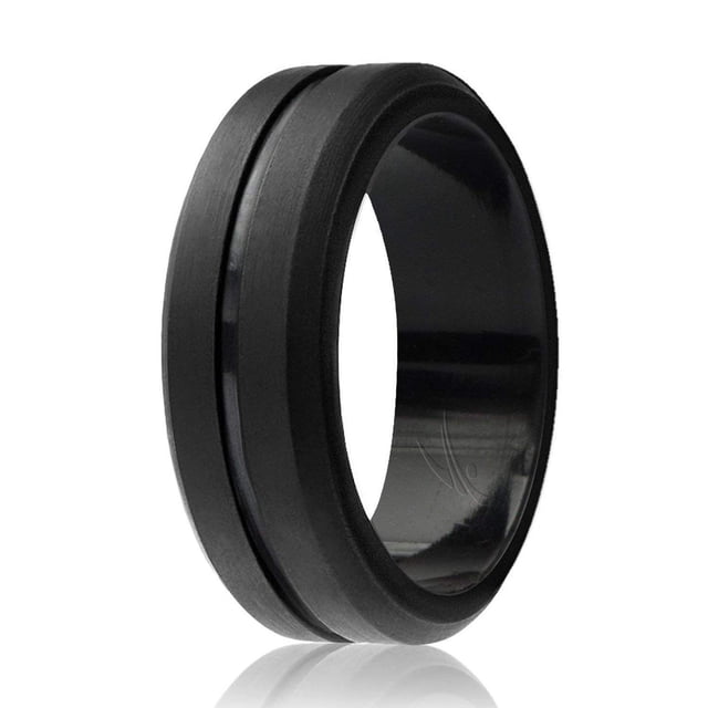 ROQ Anillo de boda de goma de silicona para hombre, ajuste cómodo, alianza de boda para hombre, banda de compromiso de goma transpirable, 0.315 in de ancho, 0.079 in de grosor, línea media grabada, in