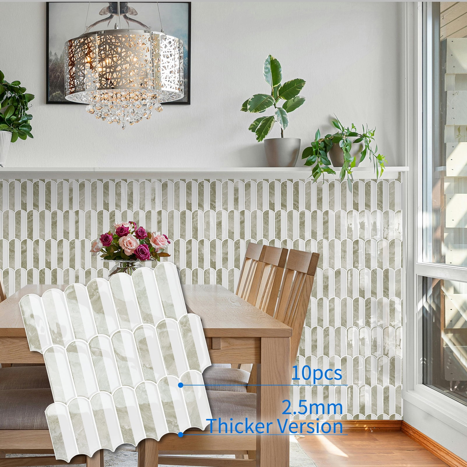 DEWOO 10-Sheet Upgraded Thicker Peel and Stick Kitchen Backsplash Tiles,Waterproof Self-Adhesive Vinyl Wall Tile Fish Scale Mosaic Design,for Bathroom,Fireplace and RV(Beige,12"×12")