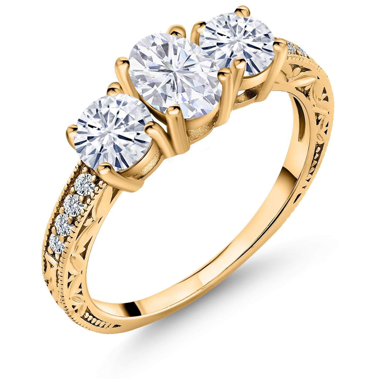 Gem Stone King 18K Yellow Gold Plated Silver White Moissanite 3-Stone Ring for Women (2.02 Cttw, Available in Size 5, 6, 7, 8, 9)