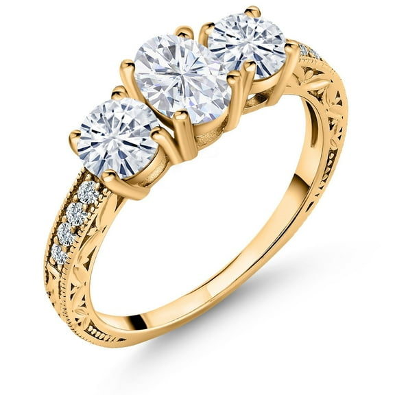 Gem Stone King 18K Yellow Gold Plated Silver White Moissanite 3-Stone Ring for Women (2.02 Cttw, Available in Size 5, 6, 7, 8, 9)
