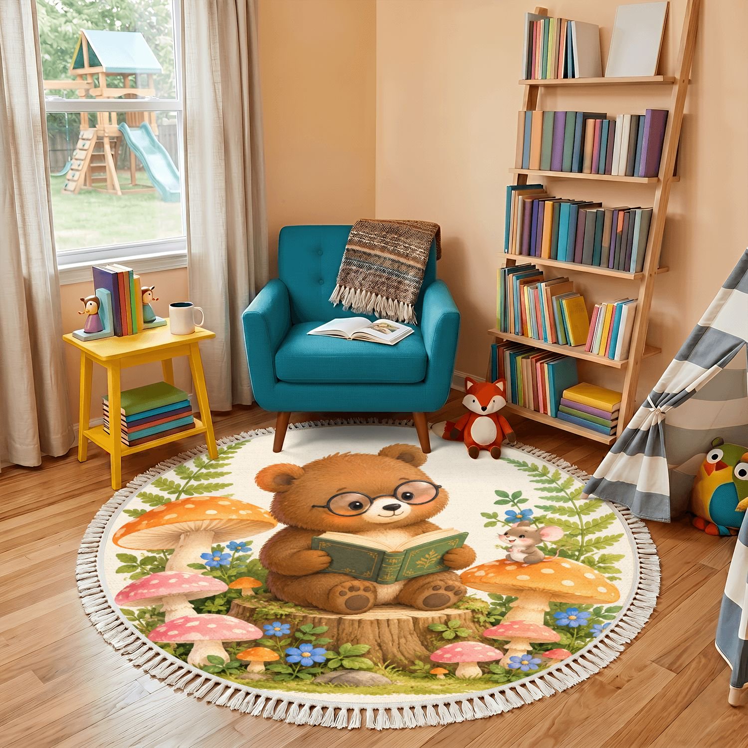 Washable Non Slip 4ft Round Rug Cute Brown Bear Circle Area Rugs with Tassels Reading Book fairy tale Colorful Carpet for Nursery Bedroom Living Room Playroom Tent Rug