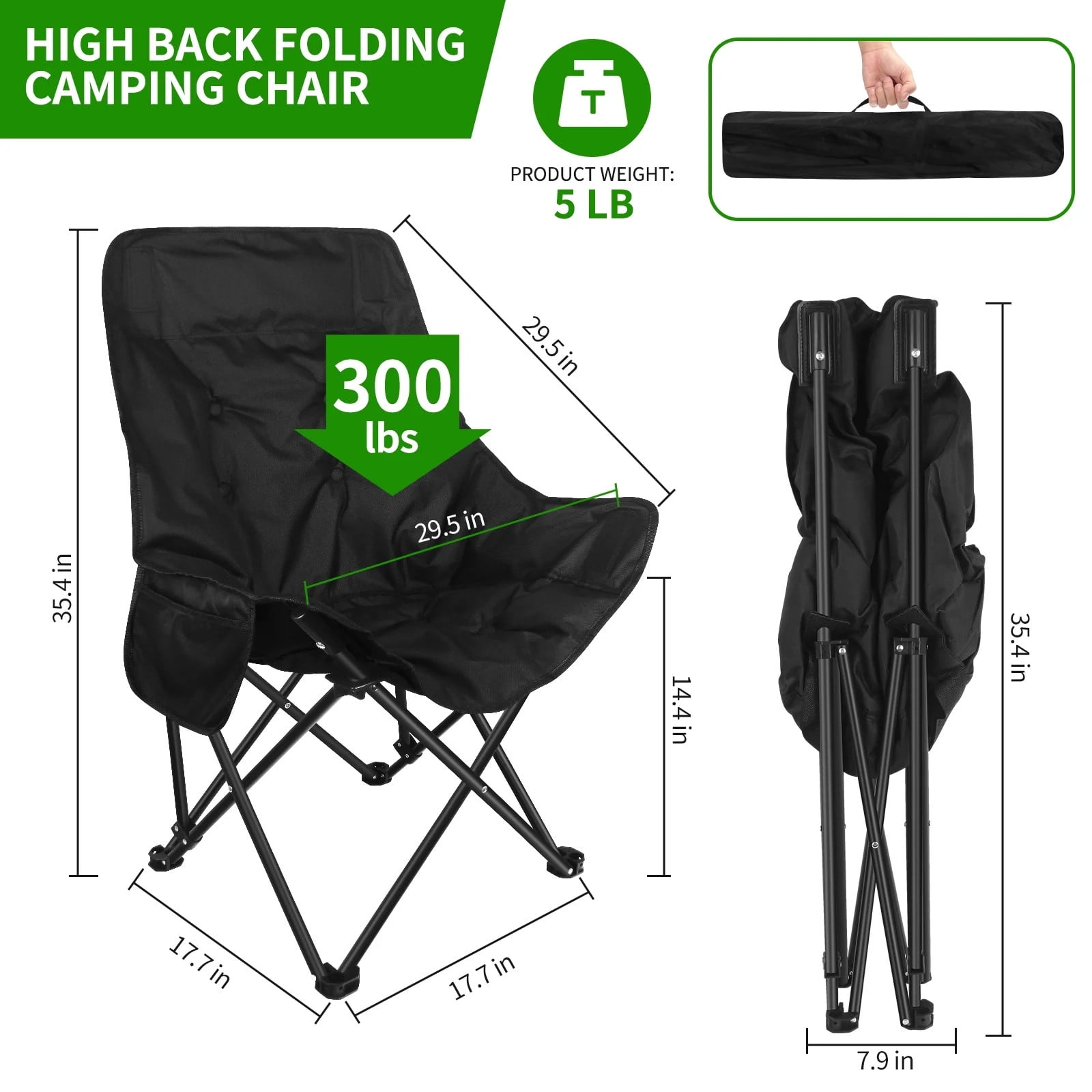 TEAFIRST Camping Chair, Oversized Comfort Padded Folding with Cup Holder, for Outdoor Camping, 300 lbs Capacity, Black