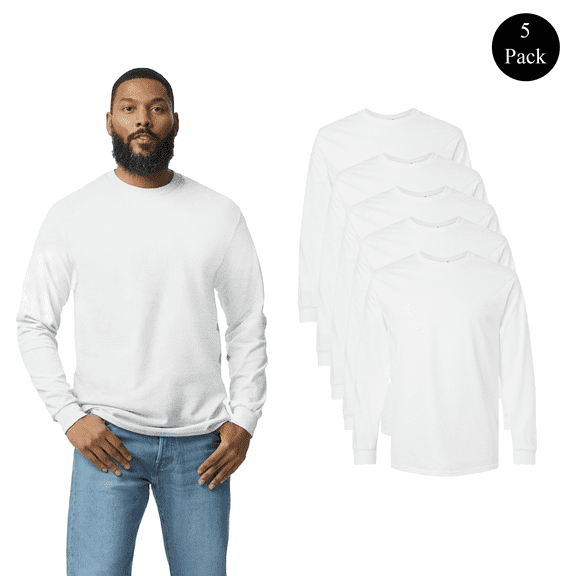 Gildan Men's Ultra Cotton Long Sleeve T-Shirt, Soft Comfortable White Color Printable Tee 5-Pack S