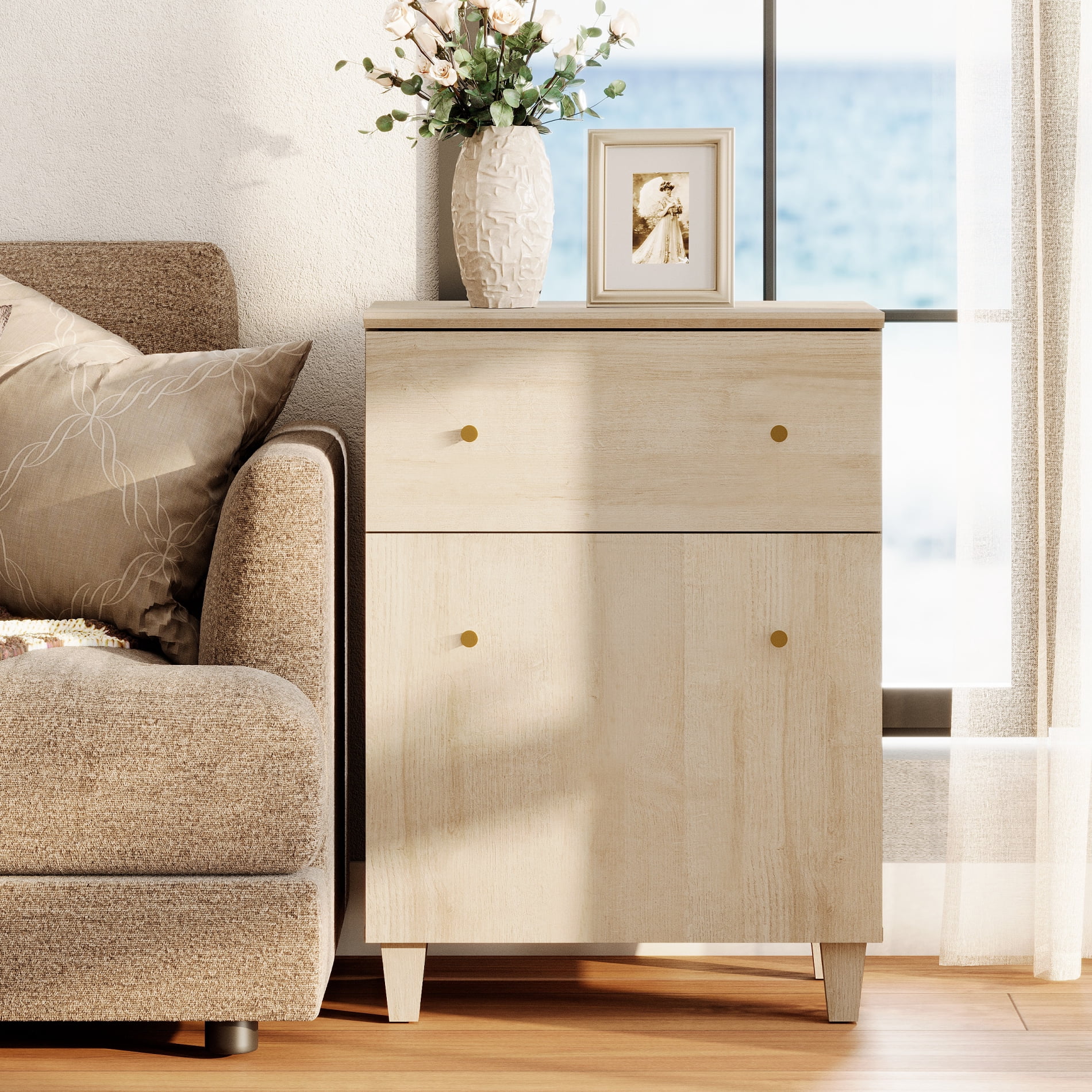 Modern End Table with Drawer and Cabinet, Large Side Table with Adjustable Storage Shelf, Wooden Nightstand for Living Room, Light Oak