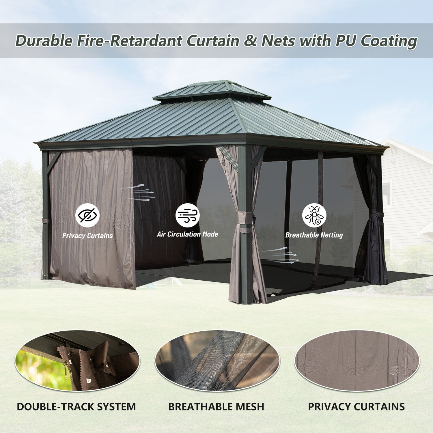 Patio Gazebos, 10' X 12' Hardtop Gazebo Outdoor Metal Gazebo with Galvanized Steel Double Roof Canopy, Aluminum Frame, Curtains and Netting for Patio, Deck, Garden, Grey, Grey Backyard Gazebos