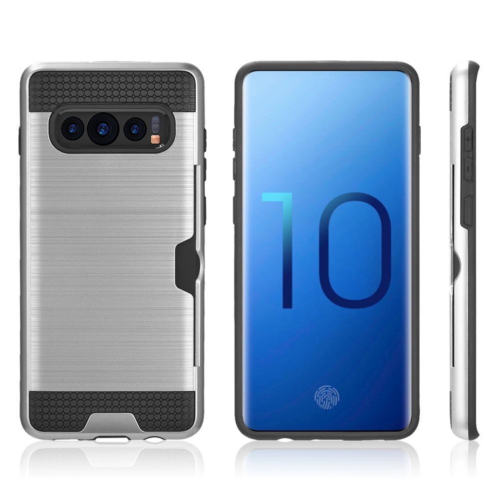 Luxury Dual Layer Hybrid Wallet Case for Galaxy S10 Plus (Silver) w/ Credit Card ID Slot Holder & Deluxe Stereo Hands-Free Headset -Ultra Lightweight, Button Covers, Shock Absorption, Raised Lip Guard