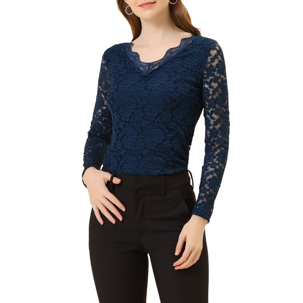 INSPIRAR CHIC Día de San Valentín Blusa de Encaje Floral de Manga Larga con Escote en V y Detalle de Encaje en el Dobladillo Talla S Azul Oscuro