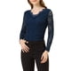 thumbnail image 1 of INSPIRAR CHIC Día de San Valentín Blusa de Encaje Floral de Manga Larga con Escote en V y Detalle de Encaje en el Dobladillo Talla S Azul Oscuro, 1 of 6