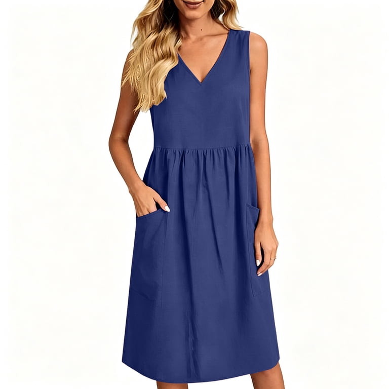 cotton tank dress empire waist Ynynloco Women Summer 100%Cotton Casual Dresses with Pockets Sleeveless Midi Pleated Tank Empire Waist Sundress V Neck A Line Swing Tshirt Dress,