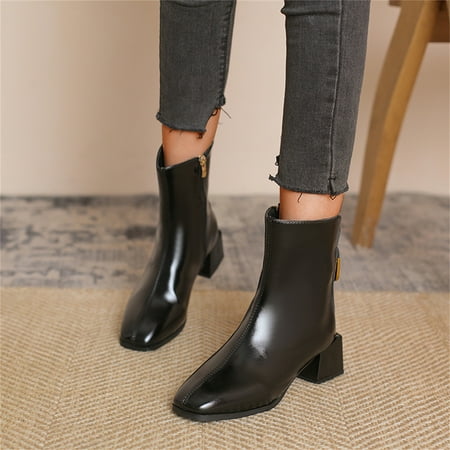 

KEUSN Ladies British Style Solid Color Leather Thick Heel Side Zipper Square Heel Short Boots