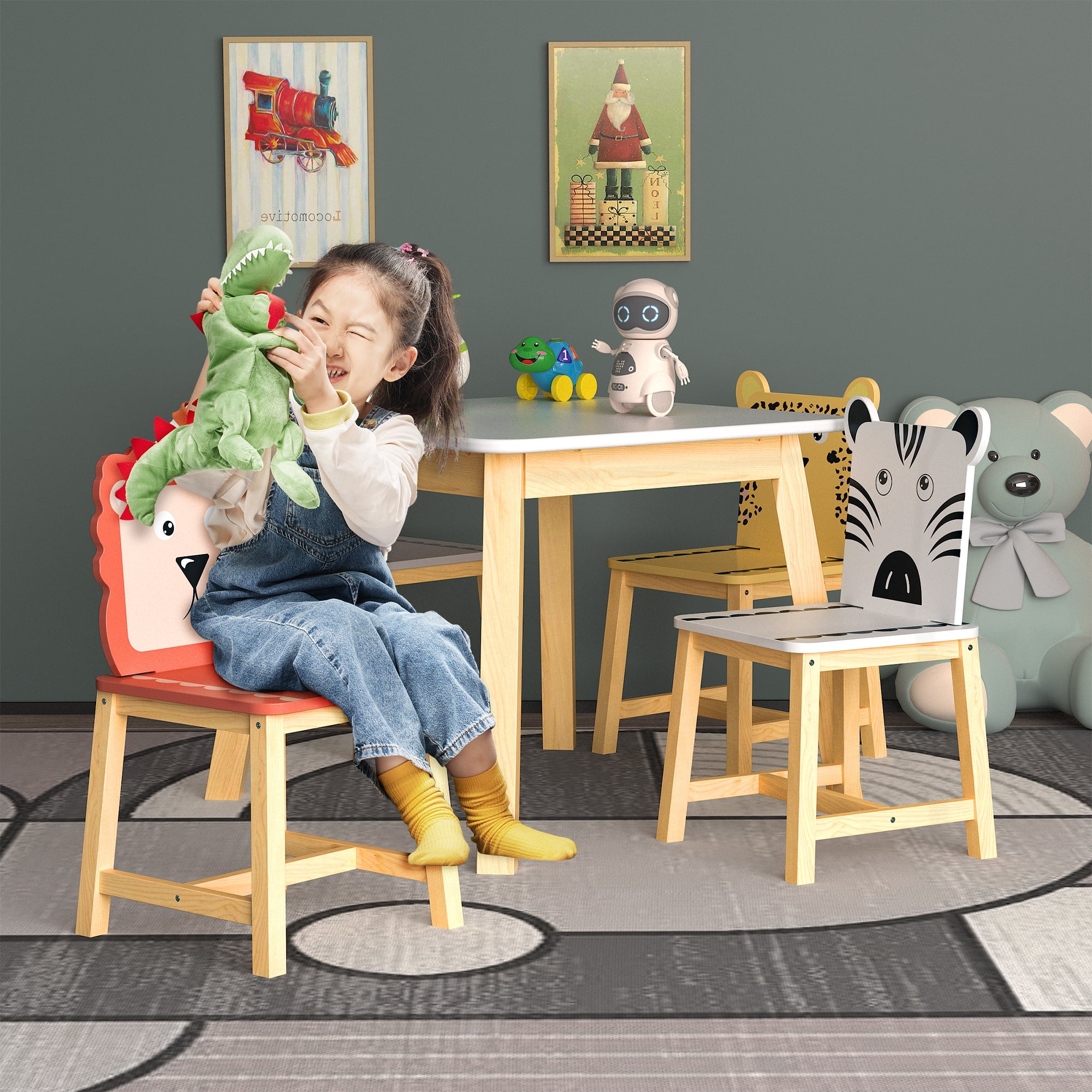Seizeen Kids Table & Chair Set , 5 Pieces Cartoon Table with 4 Chairs Solid Wood Kids' Furniture Large Table and Animals Backrest, Kid's Room, Nursery Furniture Set