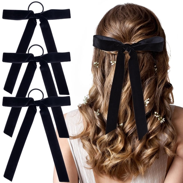HINZIC 3 lazos de terciopelo para el pelo de 9.0 in, cintas negras, elásticos de terciopelo, coleteros para el pelo, diademas para Navidad, bodas, bailes, accesorios para mujeres