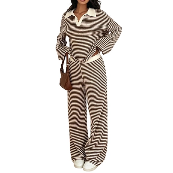 Textilo Womens 2 Piece Lounge Sets Striped Long Sleeve Collared Top Matching Straight Wide Leg Pants V-Neck Outfit Travel Fall Winter Vacation Loose-Fit Casual Clothes,Brown S