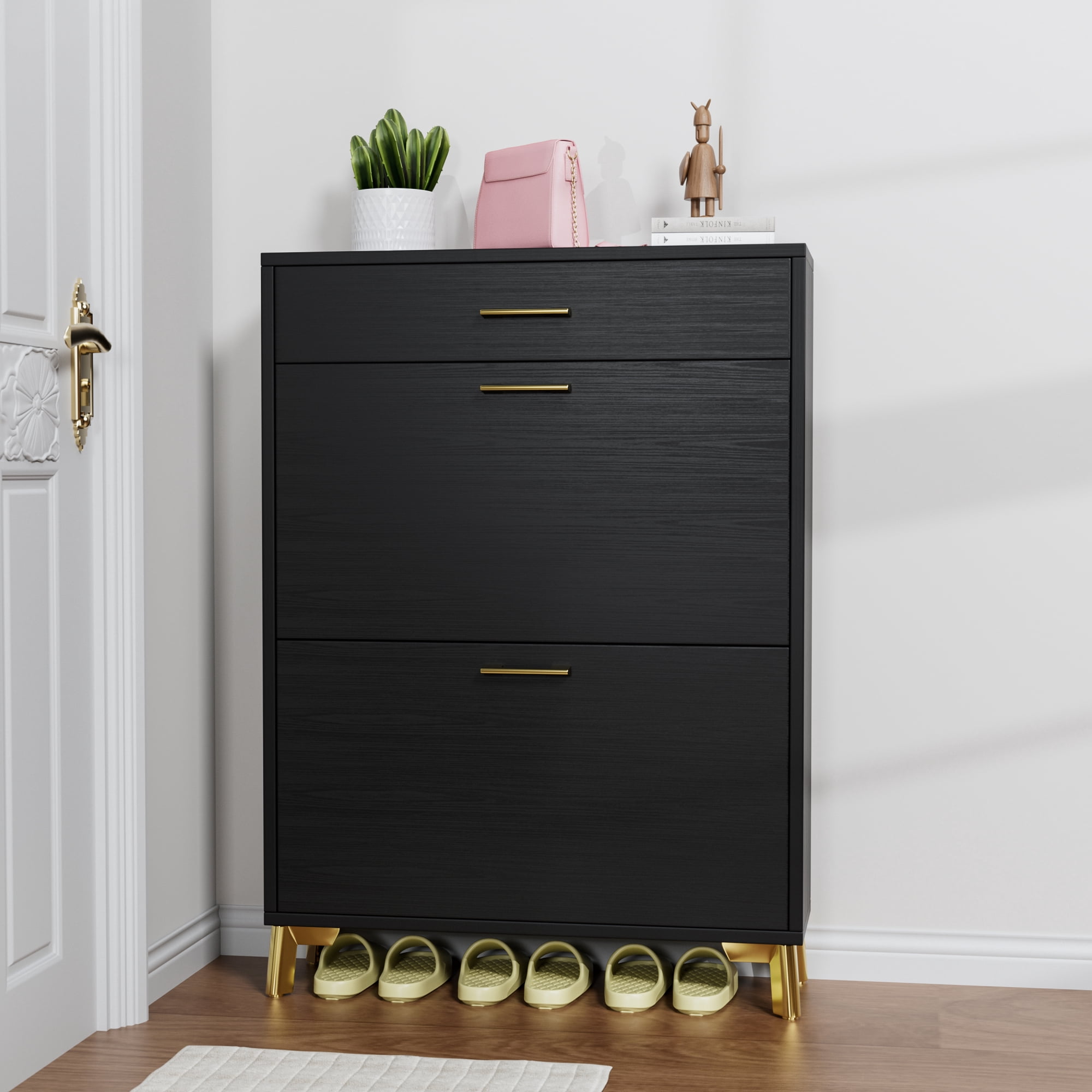 Shoe Storage Cabinet for Entryway, Free Standing Shoe Rack Organizer with 2 Flip Drawers, Hidden Shoe Rack Storage Organizer for Doorway Hallway Closet