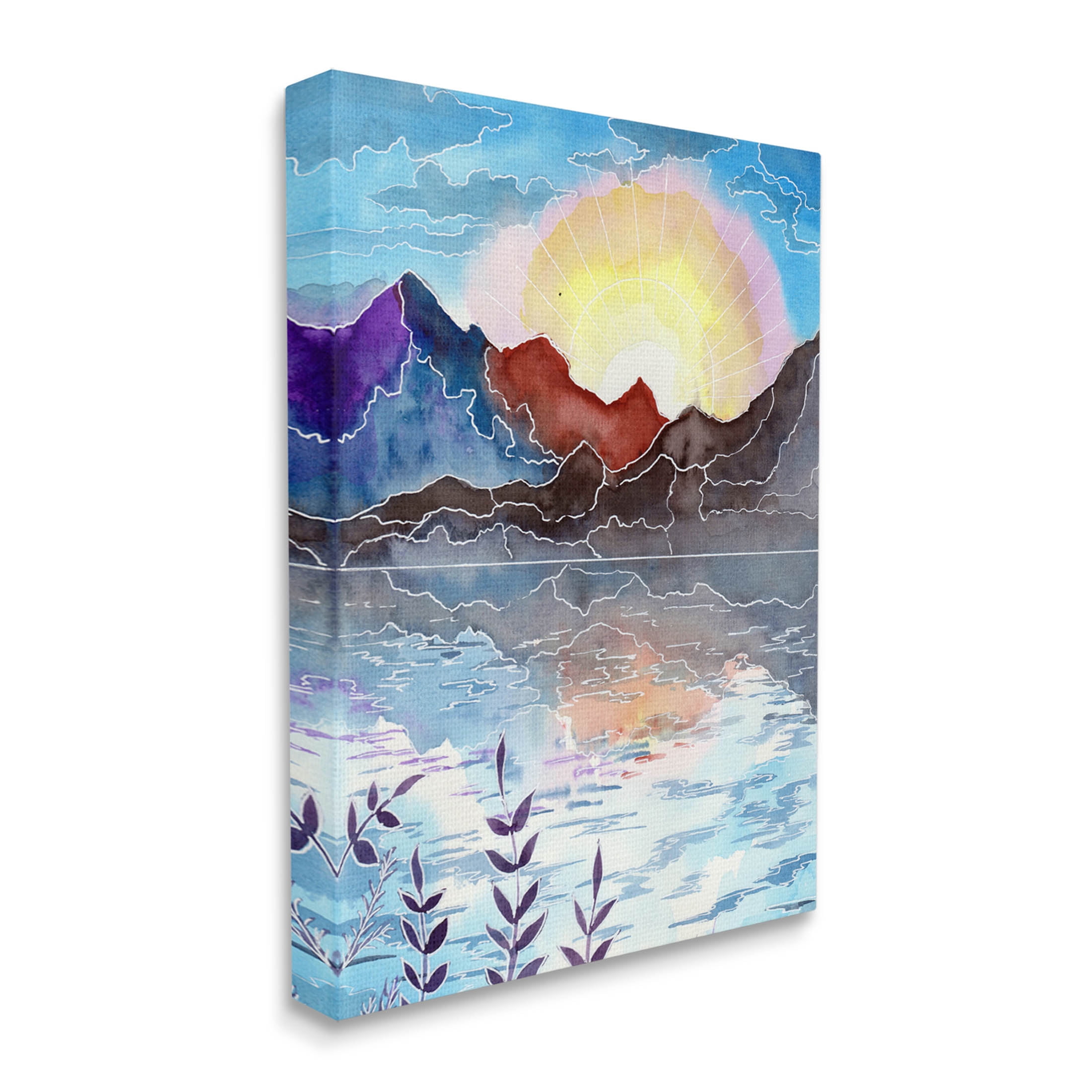 Mountain Lake Nature Outline Landscape Graphic Art Gallery Wrapped Canvas Print Wall Art