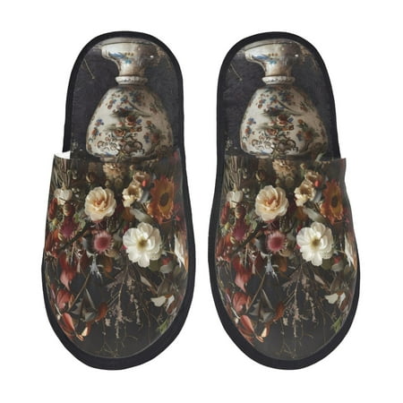 Balery Vintage Floral Vase A Slient Indoor Furry Fleece Comfort House Shoes Soft Non-Slip Home Shoes Cotton slippers House Slippers-- Medium
