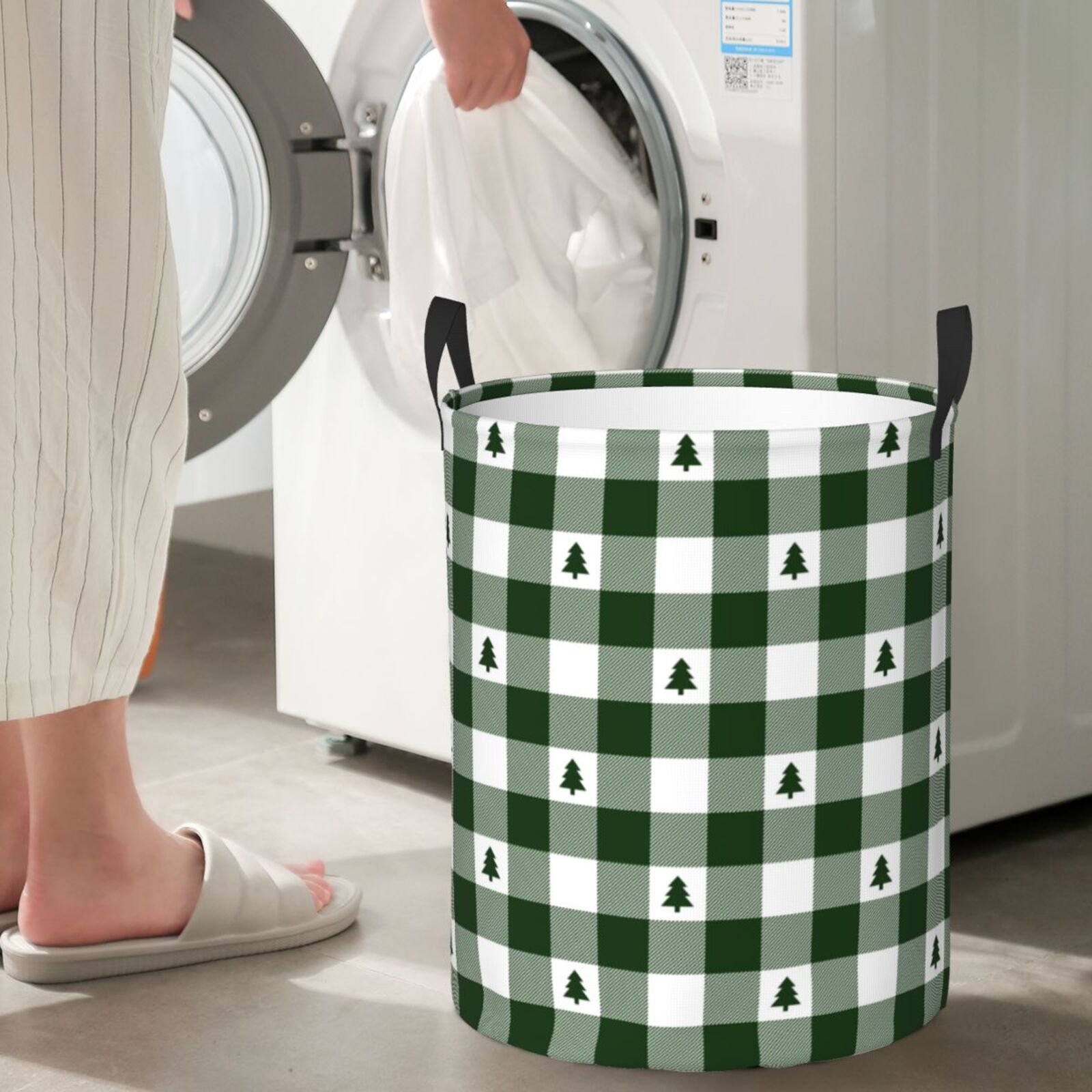 Large Laundry Basket with Handles - Green White Christmas Tree Kids Baby Dirty Clothes Laundry Hamper for Bedroom Aesthetic