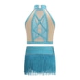 thumbnail image 4 of Miutii Kids Girls Shiny Rhinestone Crop Top and Fringe Skirt Tassel Latin Salsa Rumba Dance Dress 2 Piece Outfit Blue Green 8, 4 of 7