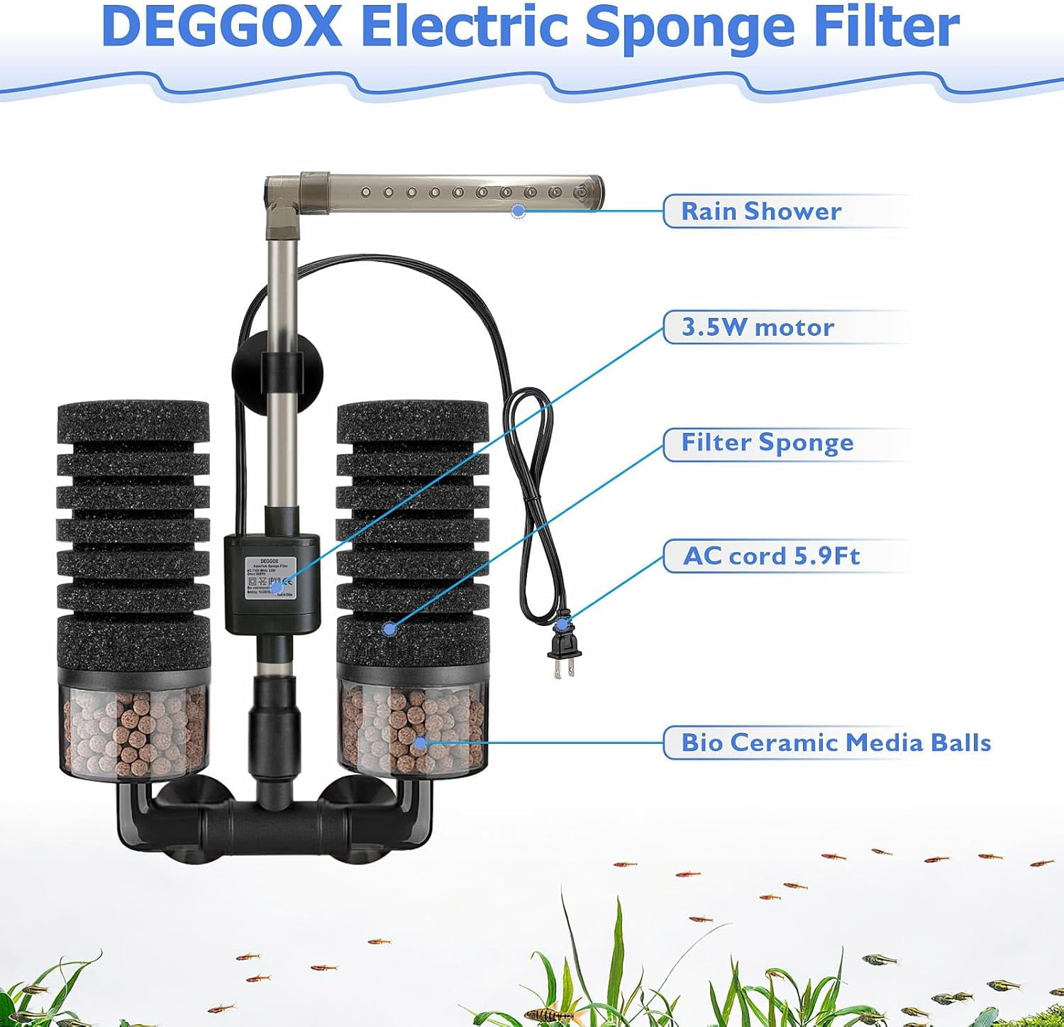 Aquarium Electric Sponge Filter with Submersible Water Pump Silence Motor for Shrimps,Bettas Bio Ceramic Media Balls and 2 Spare Sponge,Venturi Nozzle Rain Mode (S 10-20 Gal)