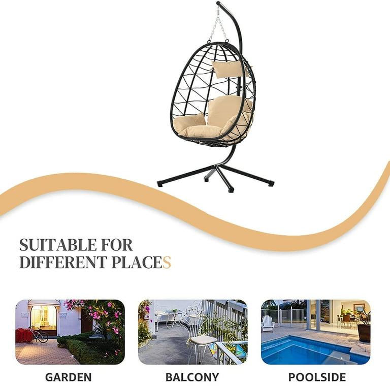 Resin wicker espresso hanging egg chair with tufted khaki cushion and stand new arrivals