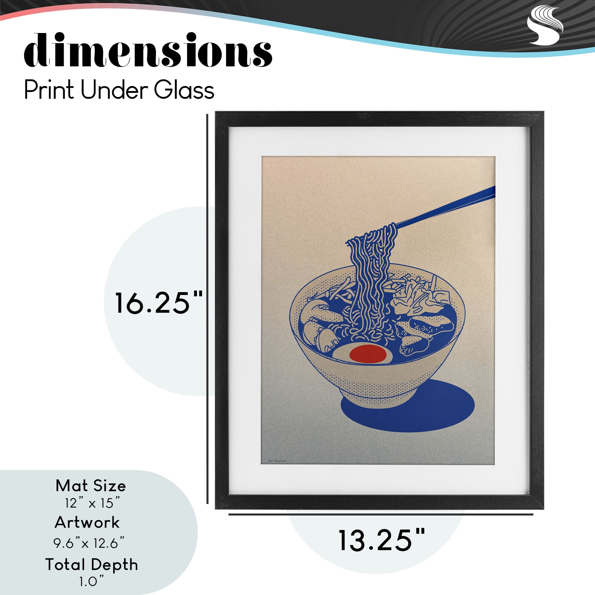 Ramen Noodle Bowl Gradient Black Framed Print Under Glass, design by Seven Trees Design