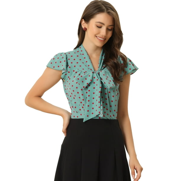 Camisa con lunares para mujer blusa con cuello de lazo y manga con volantes Verde Claro S Allegra K Blusa