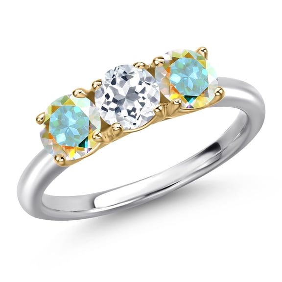 Gem Stone King 925 Silver and 10K Yellow Gold White Topaz and Mercury Mist Mystic Topaz Engagement Ring for Women | 1.70 Cttw | Round 5MM | Gemstone November Birthstone | Size 8