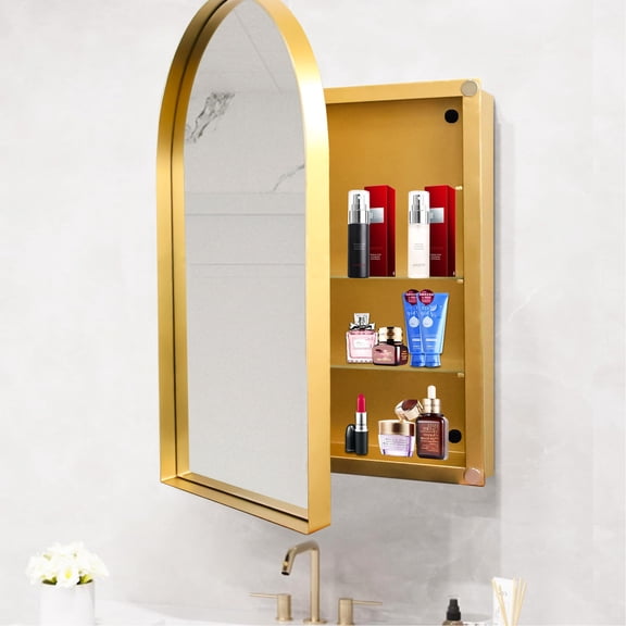 24x36 Inch Arched Recessed Medicine Cabinet | Wall-Mounted Storage with Mirror for Bathroom | Durable Matte Gold Metal Frame | Easy Assembly for Any Bathroom Layout