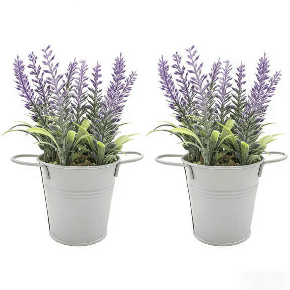 CasaVibe Lavender Artificial Plant 2Pcs White Metal Bucket Basin Decoration