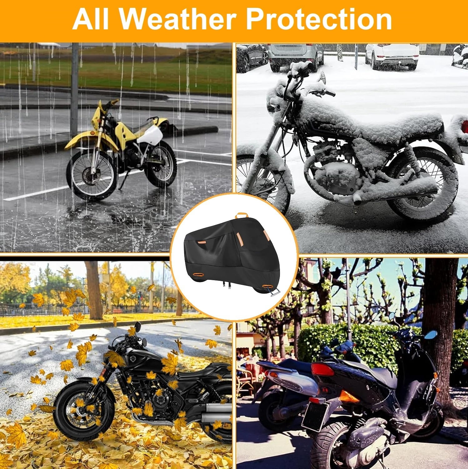 Universal Motorcycle Cover Waterproof Outdoor All Season Protection with Reflective Strips and Lockholes, Sze M, 79x35x39 inch