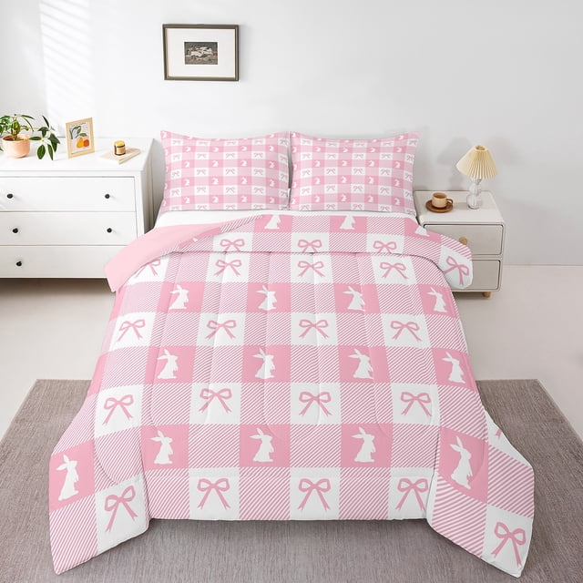 Cute Rabbit Comforter Set Full Size,Spring Easter Animal Princess Bowknot Bedding Set 3 Pcs for Teens Young,Pink Geometric Plaids Kawaii Bow Patchwork Down Comforter,2 Pillowcases